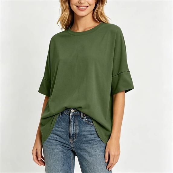 HOMBOM Spring Tops for Women Short Sleeve Army Green Pullover Casual Ladies T Shirts Crew Neck