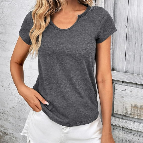 HOMBOM Spring Women Blouses Dressy Gray Basic Solid Crew Neck Short Sleeve T-shirt L
