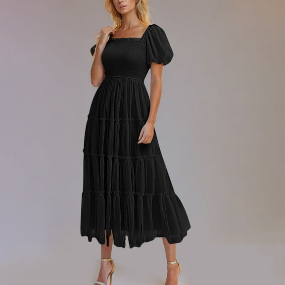 HOMBOM Square Neck Dresses for Women Fashion Black Long Fit & Flare Short Sleeve Solid 2025 Boho Pleated Dresses L