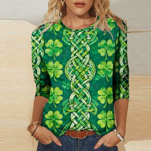 HOMBOM St.Patricks Day Shirts for Women Spring Irish Graphic Tees Crewneck Green 3/4 Sleeve Bow Print Ladies Tshirts Basic