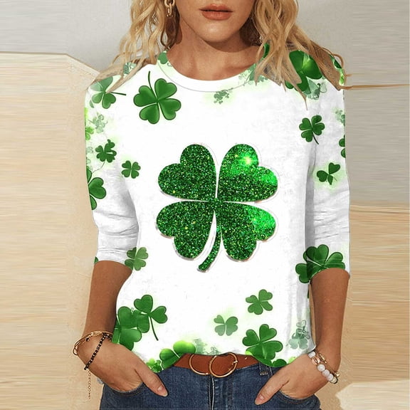 HOMBOM St.Patricks Day Shirts for Women Spring Irish Graphic Tees Green Shamrock Print 3/4 Sleeve Ladies Tshirts Basic