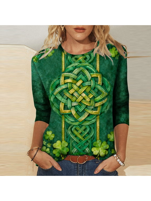 St.Patricks Day Shirts for Women Spring Irish Graphic Tees Green Shamrock Print Crewneck Ladies Tshirts 3/4 Sleeve