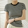 thumbnail image 1 of HOMBOM Striped Blouses for Women Trendy Black Slim Fit Cotton Short Sleeve Crew Neck T-shirt S, 1 of 6