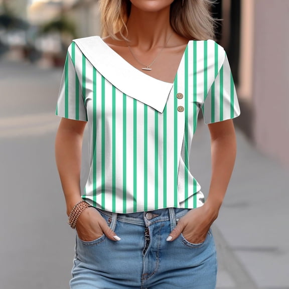 HOMBOM Striped Women Blouses Dressy Mint Green Fashion Lapel Asymmetrical Collar Short Sleeve V Neck T-shirt L