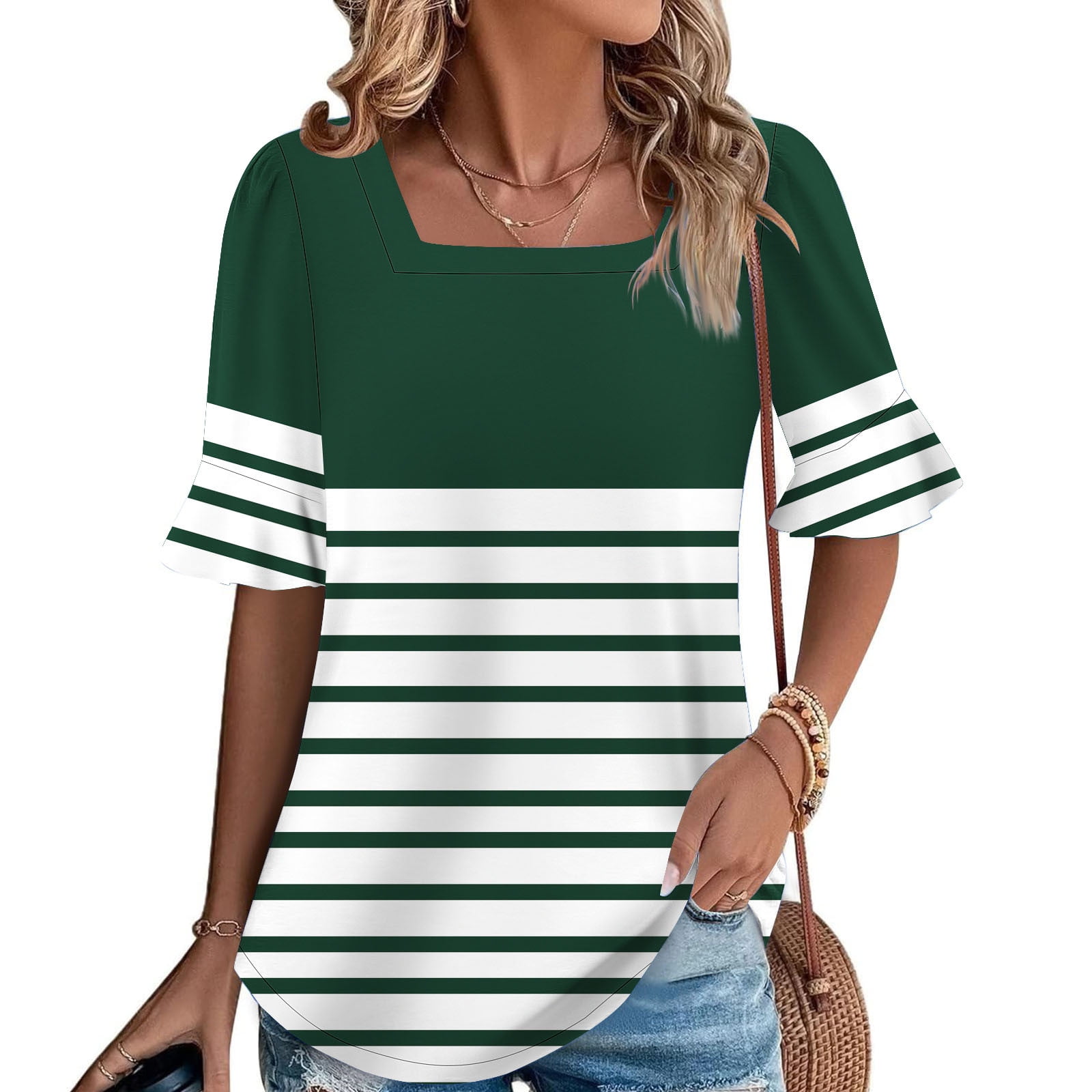 GREEN SHORT SLEEVE STRIPE DETAIL BLOUSE