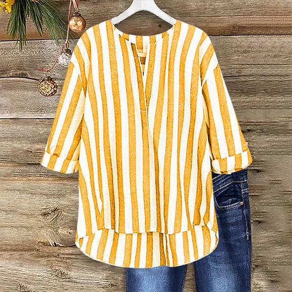 HOMBOM Stripes T Shirts for Women Summer V-Neck 3/4 Sleeve Yellow Prints Cotton Linen 2025 Blouse