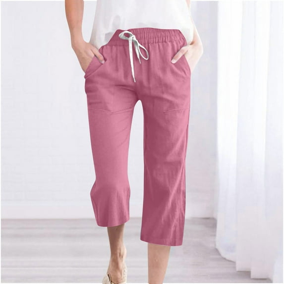 HOMBOM Summer Capris for Women 2024 Pink Wide-Leg Cotton Linen Leisure Capris L
