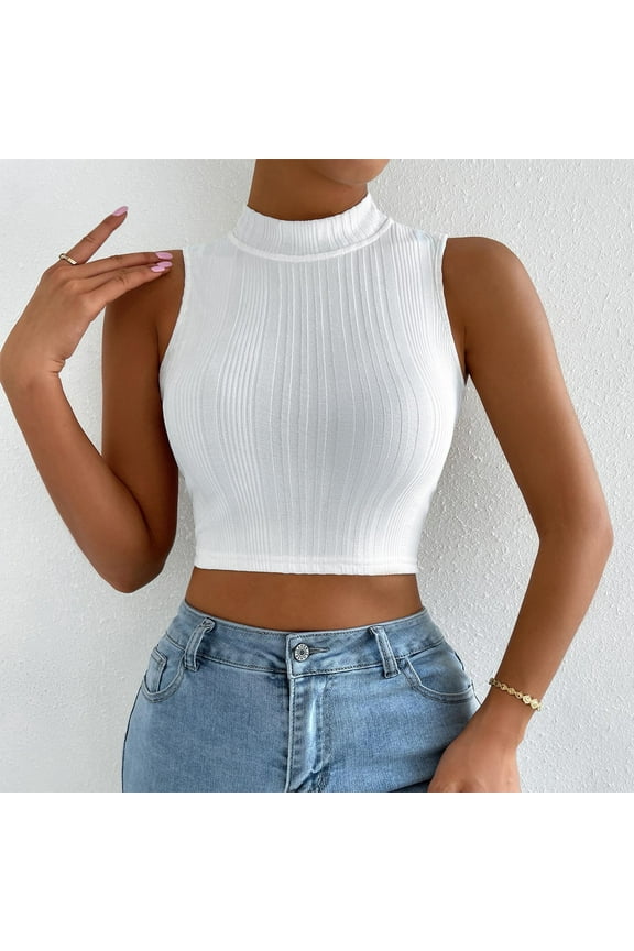 Summer Crop Tops for Women 2025 White Ribbed Sleeveless Flowy Solid Color Crew Neck Slim Tunic Blouse
