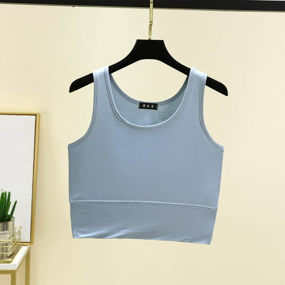 HOMBOM Summer Crop Tops for Women Light Blue Modal Crew Neck Solid Color Gym Sleeveless Basic Shirts