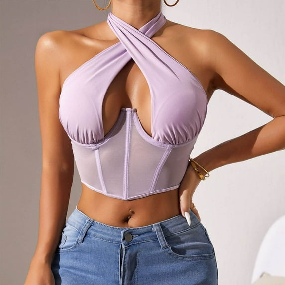 HOMBOM Summer Crop Tops for Women Trendy Purple Strapless Lace Patchwork Sleeveless Solid Color Halter Corset Top