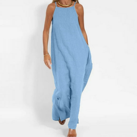 HOMBOM Summer Dresses for Women Blue Maxi 2024 Sundress Crew Neck Hawaiian Sleeveless Cotton Linen Solid Dresses 2XL