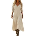 thumbnail image 1 of HOMBOM Summer Dresses for Women Khaki Dress Maxi Flowy Long Sleeve Cotton Linen Vacation Womens A-Line Dress, 1 of 5