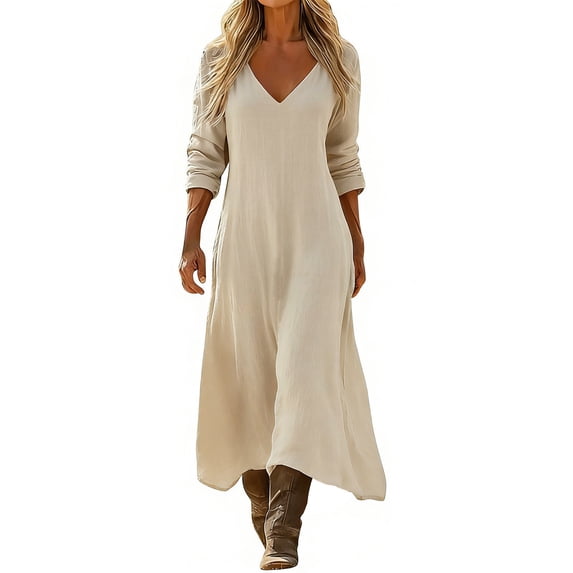 HOMBOM Summer Dresses for Women Khaki Dress Maxi Flowy Long Sleeve Cotton Linen Vacation Womens A-Line Dress