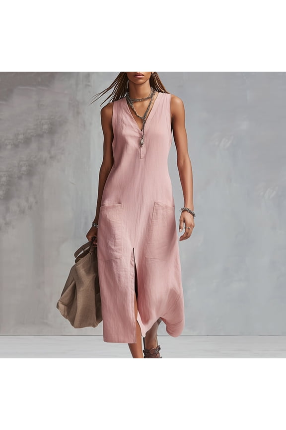 Summer Dresses for Women Long Classy Beach Solid Sleeveless Cotton Linen Pink Ladies A Line Dress