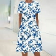 thumbnail image 1 of HOMBOM Summer Dresses for Women Mid-Length Blue Crew Neck Short Sleeve A-Line Pocket Casual Ethnic Floral 2024 Vacation Dress M, 1 of 5