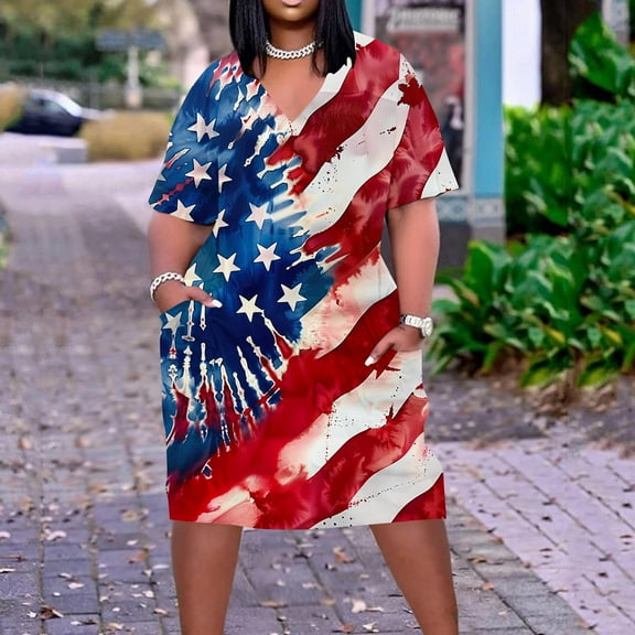 HOMBOM Summer Dresses for Women Mid-Length Plus Size V-Neck T-Shirt Pocket Loose 2024 Short Sleeve Independence Day Dress 4XL