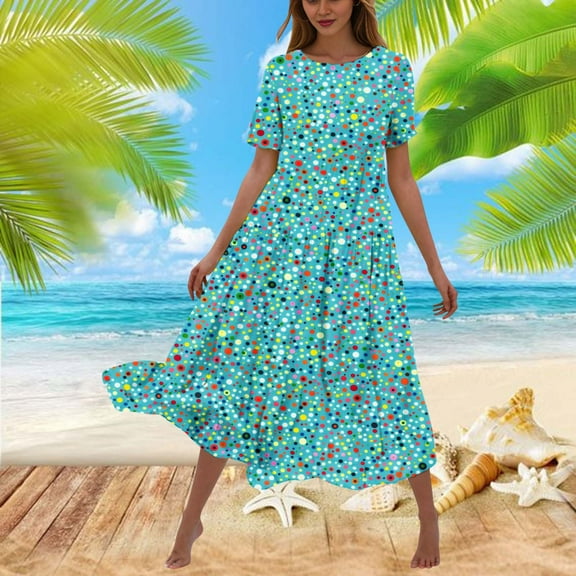 HOMBOM Summer Dresses for Women Mint Green Long Crew Neck A-Line Holiday 2024 Short Sleeve Flowy Floral Tiered Beach Dress L