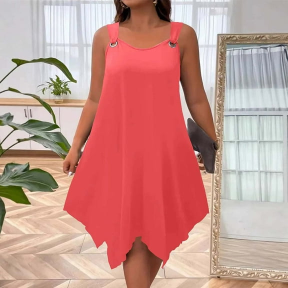 HOMBOM Summer Dresses for Women Watermelon Red Plus Size Tent Midi Asymmetrical Hem Crew Neck Tropical Solid Dresses Women
