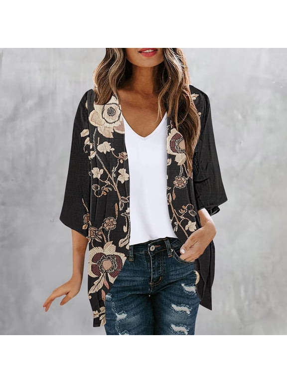 Summer Kimonos for Women 3/4 Sleeve Cardigan Lightweight Floral Dusters Daily Wear Ladies Cover Ups Breathable