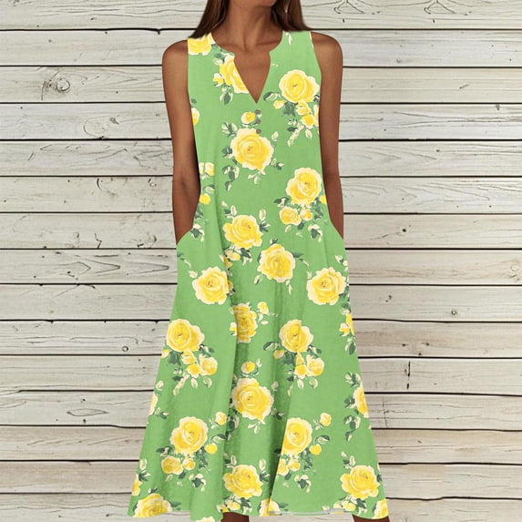 HOMBOM Summer Maxi Dresses for Women Sundress with Pockets Floral Bohemian Vacation Beach Ladies Tank Dress Sleeveless