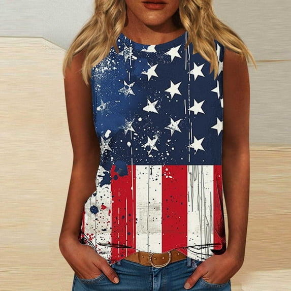 HOMBOM Summer Muscle Tops for Women 2025 Loose Fit Crew Neck Sleeveless Dressy independence Day Star Tunic Blouse