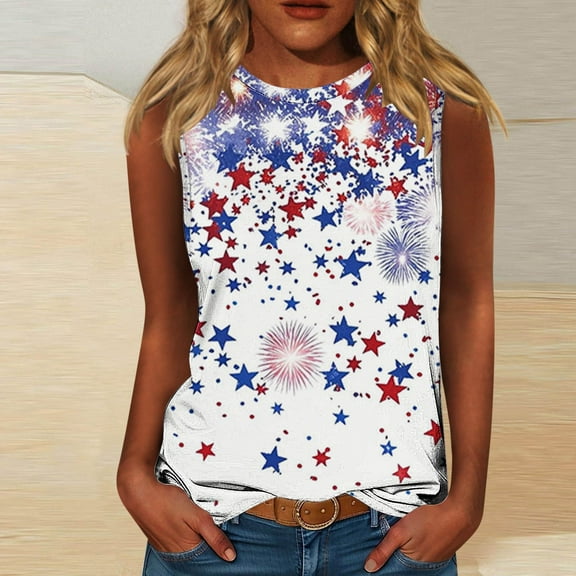 HOMBOM Summer Muscle Tops for Women Graphic Loose Fit Flowy Crew Neck Sleeveless independence Day Star Tank Blouse