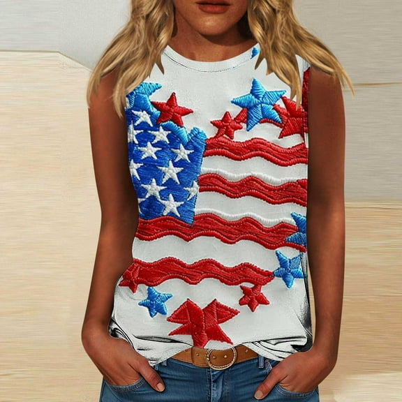 HOMBOM Summer Muscle Tops for Women Graphic Loose Fit Sleeveless Crew Neck independence Day Star Dressy Shirt