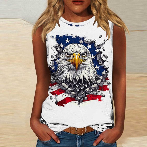 HOMBOM Summer Muscle Tops for Women Graphic Loose Fit independence Day Print Sleeveless Crew Neck Casual Tank Blouse