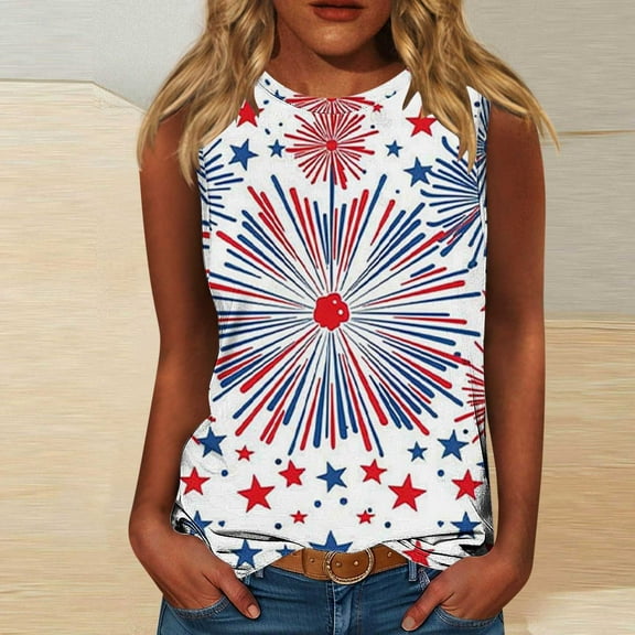 HOMBOM Summer Muscle Tops for Women Graphic Loose Fit independence Day Print Sleeveless Flowy Crew Neck Tank Blouse