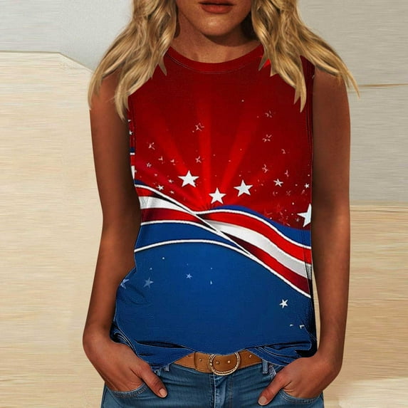 HOMBOM Summer Muscle Tops for Women Loose Fit Flowy Crew Neck independence Day Print Sleeveless Tunic Blouse
