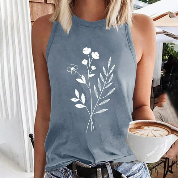 HOMBOM Summer Muscle Tops for Women Loose Fit Gray Crew Neck Dressy Sleeveless Leaf Print Tunic Blouse