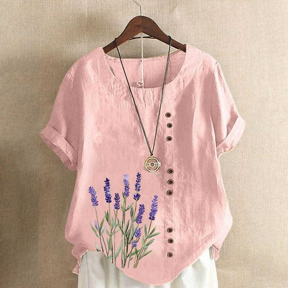 HOMBOM Summer Shirts for Women Boho Tee Shirts Cotton Linen Floral Casual Short Sleeve Ladies T Shirts