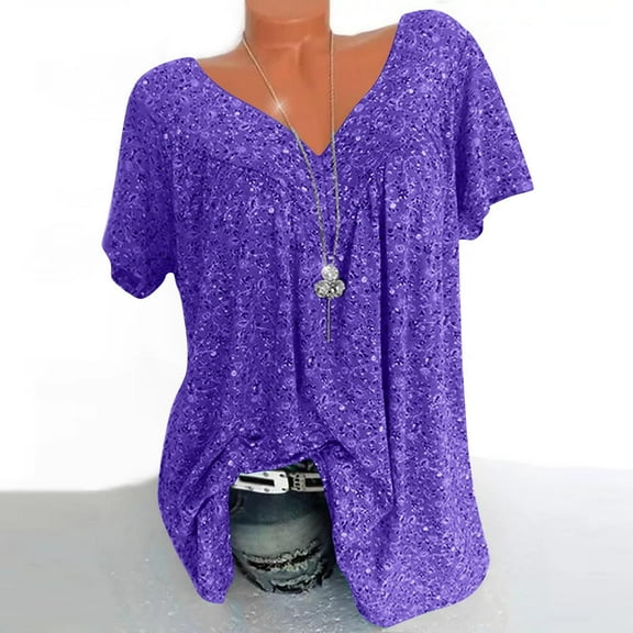 HOMBOM Summer Shirts for Women Purple Casual Short Sleeve V-Neck Solid Tunic Blouse XXL