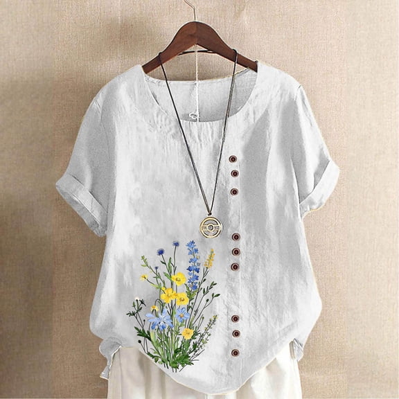 HOMBOM Summer Shirts for Women Ruffle Sleeve Cotton Linen 3/4 Sleeve Casual White Solid Womens T Shirts