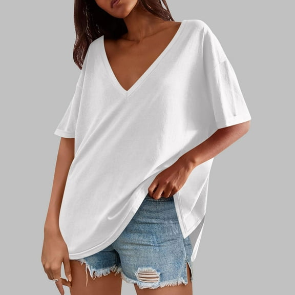 HOMBOM Summer Shirts for Women White 2025 Slit Hem Drop-Shoulder Solid V Neck Short Sleeve Shirts XL