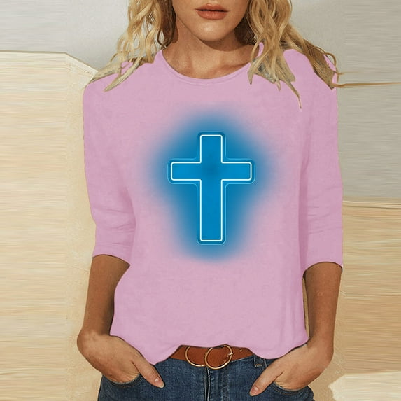 HOMBOM Summer Tops For Women 2024 3/4 Sleeve Pink Shirts Easter Cross Print Round Neck Easter Shirts For Women With Eggs XXXL
