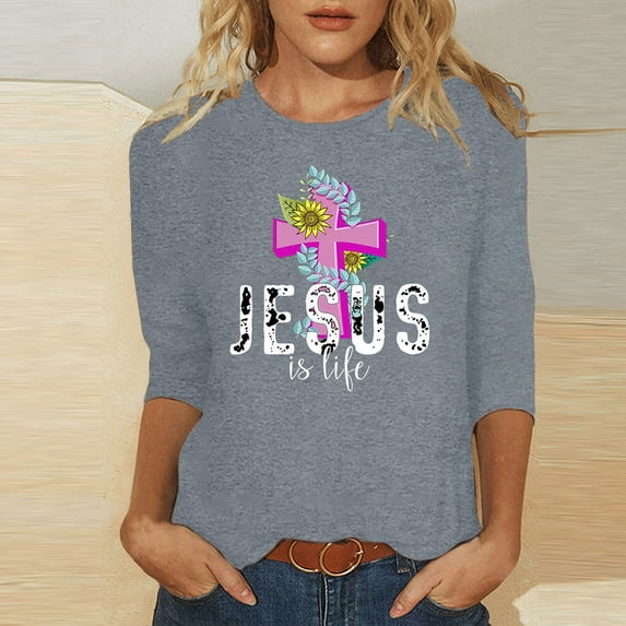 HOMBOM Summer Tops For Women Formal 3/4 Sleeve Gray Shirts Crew Neck Easter Cross Print Easter Shirts For Women L