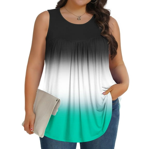 HOMBOM Summer Tops for Women 2025 Mint Green Plus Size Tank Top Color Blocking Sleeveless Crew Neck Tunic Blouse