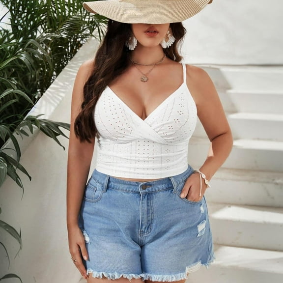 HOMBOM Summer Tops for Women 2025 White Camisole Sleeveless Solid Color V-Neck Spaghetti Straps Crop Vest