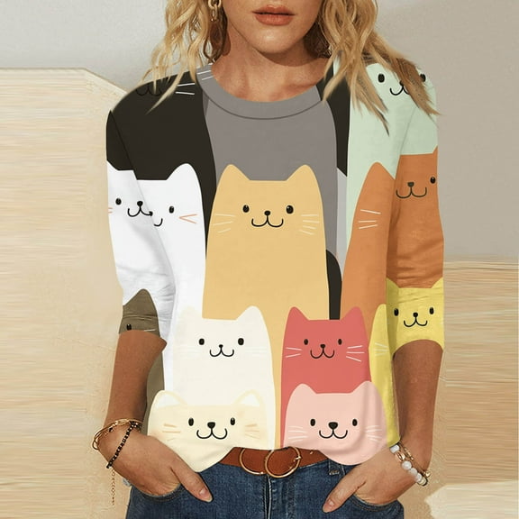 HOMBOM Summer Tops for Women 3/4 Sleeve Orange Crew Neck 2025 Cute Graphic Prints Cat T-Shirts
