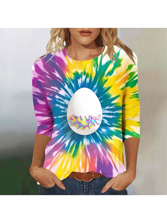 Summer Tops for Women 3/4 Sleeve T-Shirts Bunny Print Lightweight Crew Neck Easter Ladies Graphic Tees