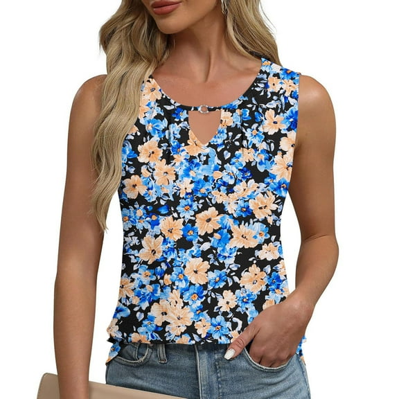 HOMBOM Summer Tops for Women Blue Pleated Cutout Notch Neck Loose Fit Sleeveless Floral Shirt