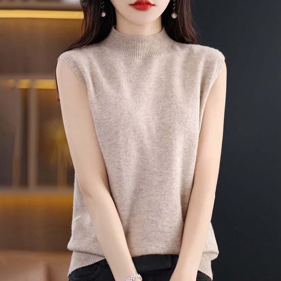 HOMBOM Summer Tops for Women Cutout Khaki Crew Neck Sleeveless Solid Color Knitted Vest