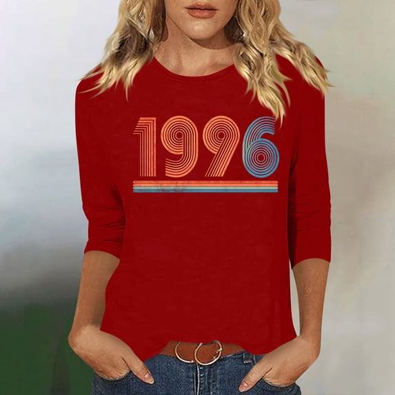 HOMBOM Summer Tops for Women Graphic 3/4 Sleeve T-Shirts Retro 1996 Print Red Crew Neck Basic Ladies Graphic Tees