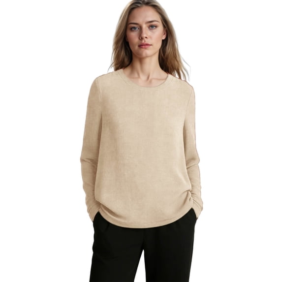 HOMBOM Summer Tops for Women Plus Size Loose Fit Crewneck Long Sleeve Dressy Casual Khaki Cotton Linen Solid Ladies Blouse