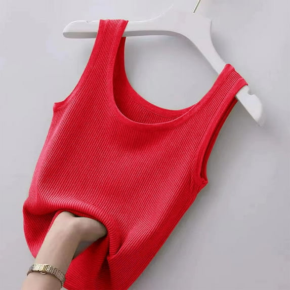 HOMBOM Summer Tops for Women Red Ribbed Camisole Flowy Slim Sleeveless Crew Neck Solid Color Tank Blouse