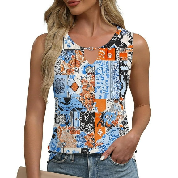 HOMBOM Summer Tops for Women Sky Blue Cutout Pleated Floral Vintage Sleeveless Notch Neck Loose Fit Tank Graphic Tee