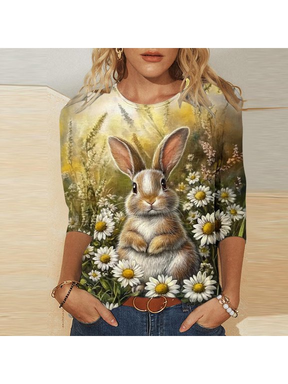 Summer Tops for Women T-Shirts 3/4 Sleeve Easter Casual Bunny Print Crew Neck Womens Graphic Tees
