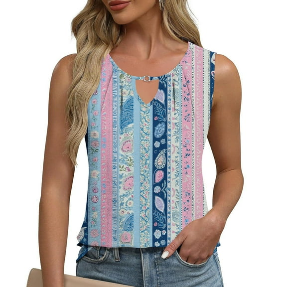 HOMBOM Summer Tops for Women Trendy Light Blue Pleated Cutout Loose Fit Notch Neck Sleeveless Floral Tank Graphic Tee