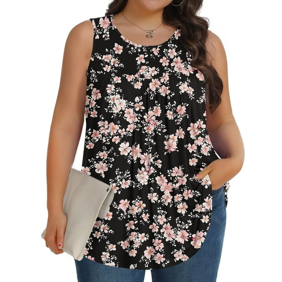 HOMBOM Summer Tops for Women Trendy Plus Size Black Sleeveless Pleated Crew Neck Floral Flowy Tank Blouse